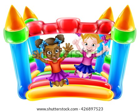 Two little girls having fun jumping on a bouncy castle