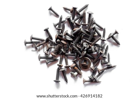 Nuts and bolts closeup on white background