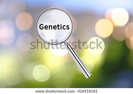 Magnifying lens over background with text Genetics, with the blurred lights visible in the background. 3D rendering.