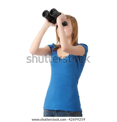 Teen girl with binocular isolated on white