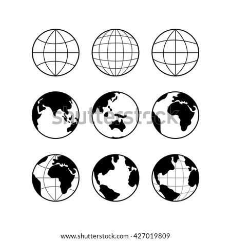 Globe Earth vector black icons set, vector globe signs isolated on white. Travel and science concept. 