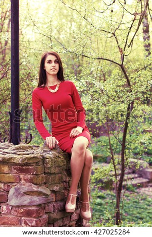 Beautiful girl in a red dress on a brick wall in park