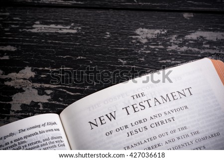 The King James Bible (public domain) open to the introduction page of the New Testament Royalty-Free Stock Photo #427036618