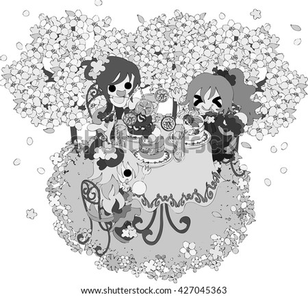 The handwritten style illustration of girls eating cakes under the flower tree