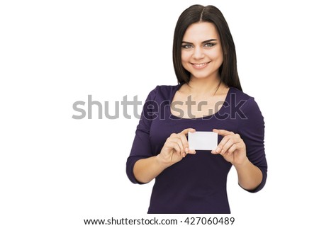 happy woman holding white blank paper