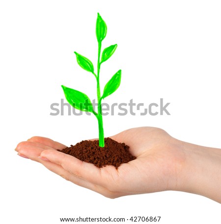 Hand and drawing plant isolated on white background