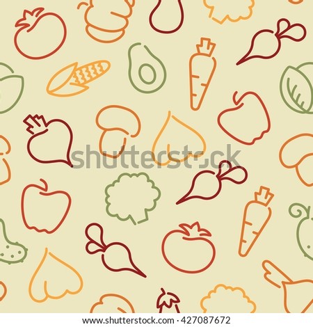 Contour stylized icons of vegetables, mushrooms and avocado