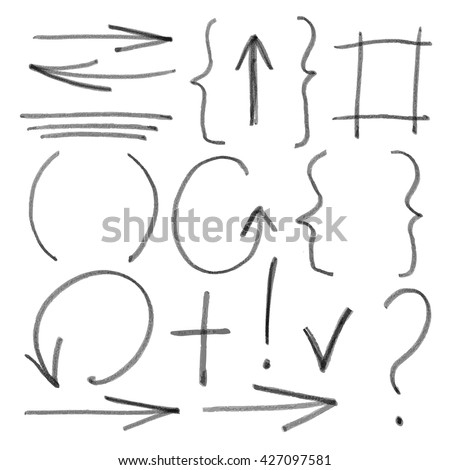 Hand drawn sketch pencil, brushed signs, arrows, lines, shapes, handwritten, design elements set  isolated on white background