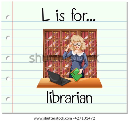Flashcard letter L is for librarian illustration