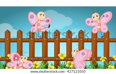 Scene with butterflies and wooden fence illustration
