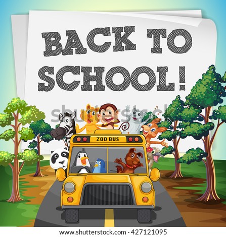 Back to school theme with animals on bus illustration