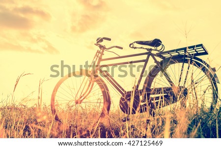 Landscape picture Vintage Bicycle with Summer grass field at sunset ; vintage filter style. for greeting Cards ,post card