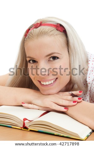 Picture of blond girl with notebook and pen