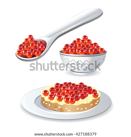 Vector set of images with red caviar: caviar in a spoon, caviar in a dish, and a sandwich with red caviar