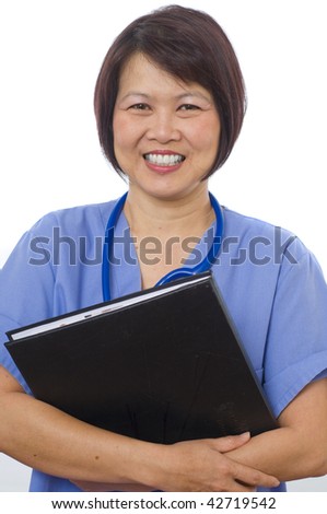 Attractive Asian medical professional with patients records