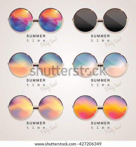 Set of colorful sunglasses with abstract gradient mesh glass mirrors isolated on light background with summer time, party time lettering typography Royalty-Free Stock Photo #427206349