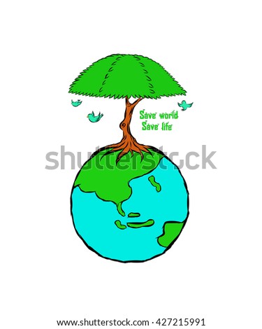 Conceptual illustration of a world globe tree. flying birds.  ecology concept. environment concept. natural concept. Save world save life alphabet.