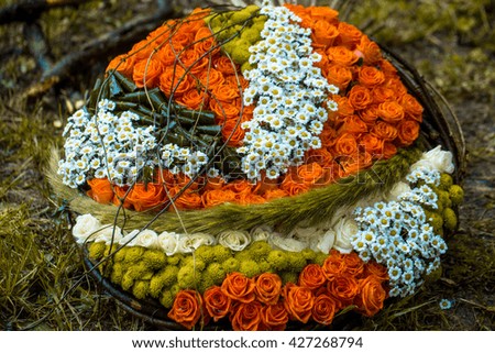 Beautiful flower background with colorful roses in round shape closeup