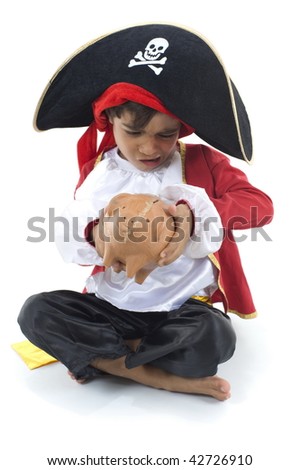Photo of Young Pirate holding a pig bank