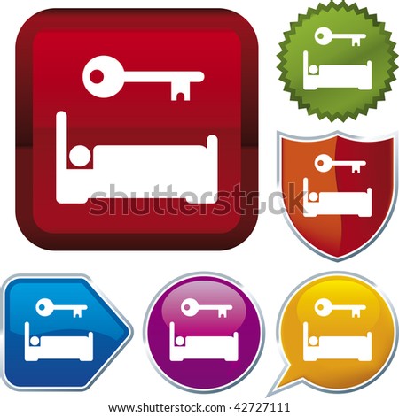 Vector icon illustration of hotel room over diverse buttons. Only global colors. CMYK. Easy color and proportions changes.