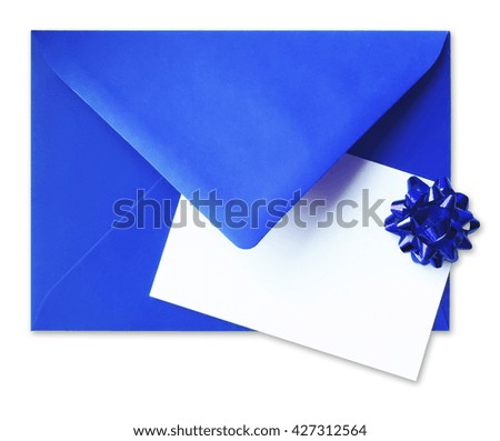 Blank card with bow on a blue envelope, isolated on White