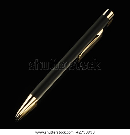 Black pen on a black background. Yellow metal