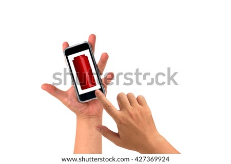 Hand holding Smartphone for lookig battery status isolated on white