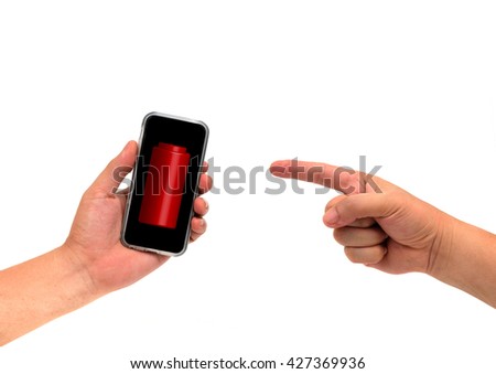 Hand holding Smartphone for lookig battery status isolated on white