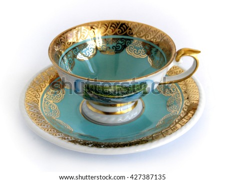 Photo shows an empty antique porcelain cup and saucer  Royalty-Free Stock Photo #427387135