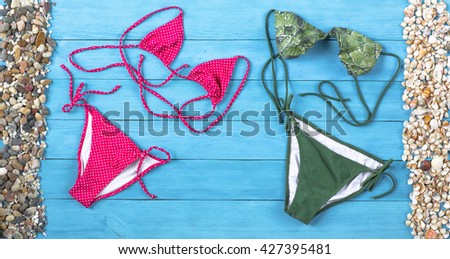 Set of beach clothes.Green and red bikini