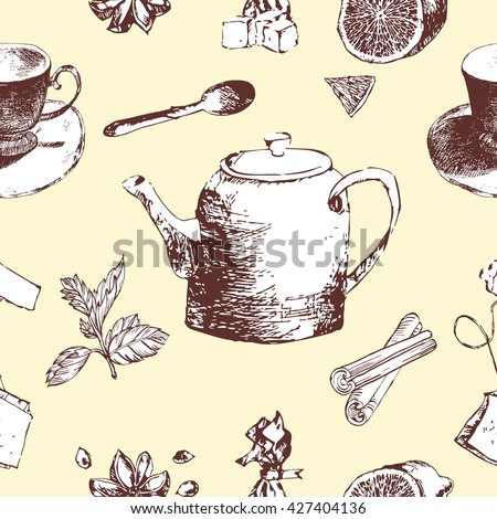 Tea time vector hand drawn seamless pattern. Decorative background