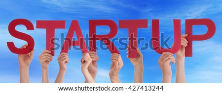 Many People Hands Holding Red Straight Word Startup Blue Sky