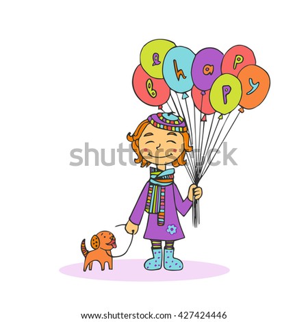 Colored line doodle greeting card illustration of a smiling man with balloons and dog. Be happy