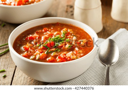Spicy Homemade Gazpacho Soup Ready to Eat Royalty-Free Stock Photo #427440376