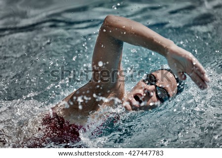 High speed swimming. Precise focus set on face, high speed desaturated film style, 
