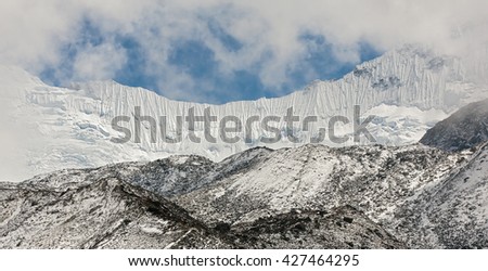 Glacier Chhukhung and ice wall in the array in district Mount Everest - Nepal, Himalayas