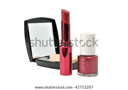 face powder, lipstick, enamel isolated on a white