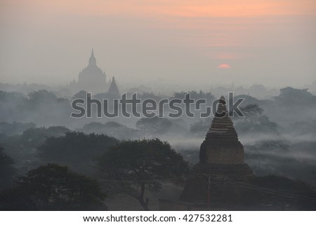 pagoda field in bagan myanmar in the morning