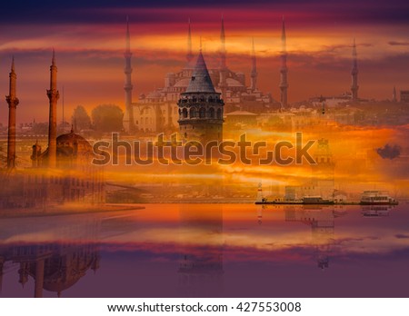 Istanbul Turkey  -  Maiden tower, Galata tower, Blue mosque, ortakoy mosque, topkapi palace