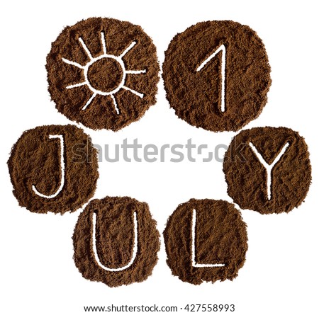 1 July and sun, decorated with ground coffee on white background
