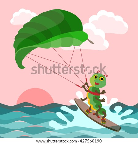 Cartoon caterpillar kitesurfer surfen over sea, kitesurfing, vector illustration for greeting cards, children's books