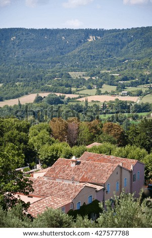 French small town view from above. Vertical shot with a selective focus