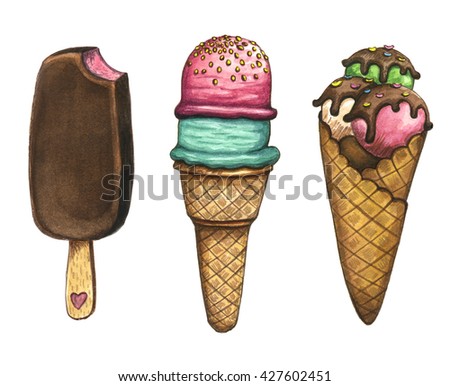 Ice cream watercolor hand painted illustrations. Set of summer desserts isolated on white background.