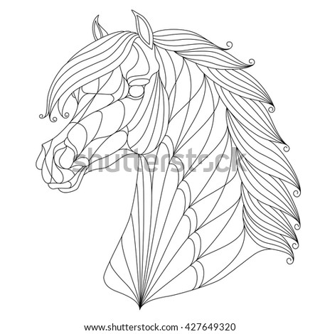 Stylized head of horse. Equestrian logo, emblem for t-shirts, prints, horse tattoo, black isolated on white background, vector illustration.