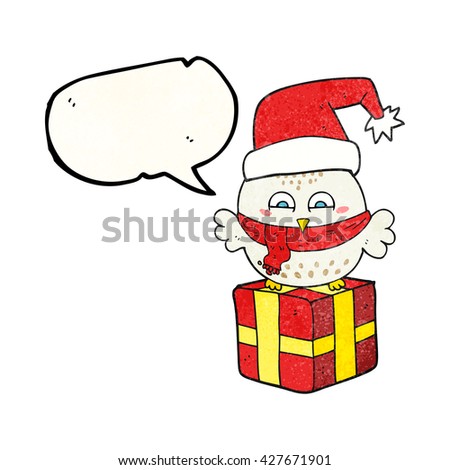 freehand speech bubble textured cartoon cute christmas owl on wrapped present