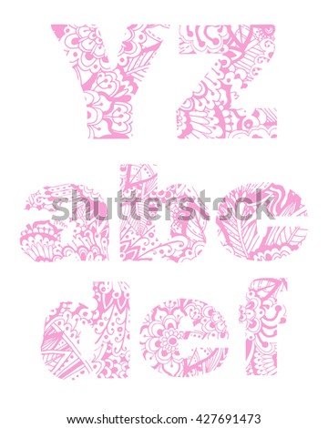 Set of letters Y, Z, a, b, c, d, e, f with pink floral pattern. Beautiful hand-drawn letters with a pattern. The oriental style. Tribal style. Summer floral ABC element in vector