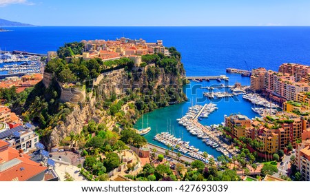 Old town and Prince Palace on the rock in Mediterranean Sea, Monaco, southern France Royalty-Free Stock Photo #427693039