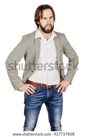 portrait of crazy bearded business man. emotions, facial expressions, feelings, body language, signs. image on a white studio background.