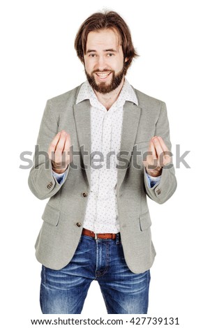 portrait of bearded business man talking during presentation and using hand gestures. emotions, facial expressions, feelings, body language, signs. image on a white studio background.