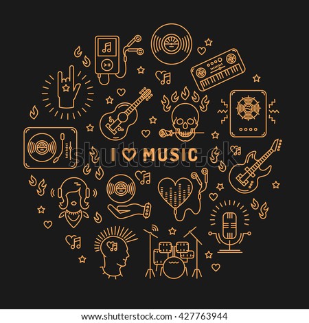 I love music - inspiring quote, line art icons, circle infographic on a dark background. 